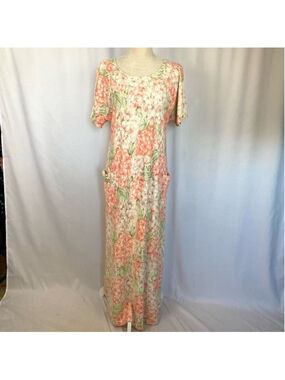 Vintage 70s Floral Terry Cloth Muumuu Maxi Dress Women’s XL Tropical Orange Gree
